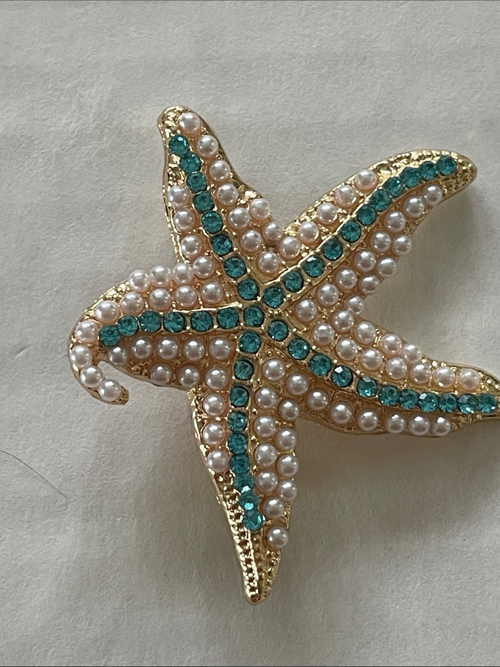 Gold Starfish Brooch with Pearls and Teal Crystals